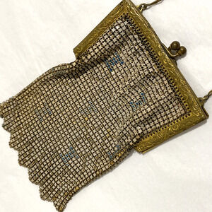Vintage 1920s metal mesh purse Art Deco geometric white enamel blue gold flaws